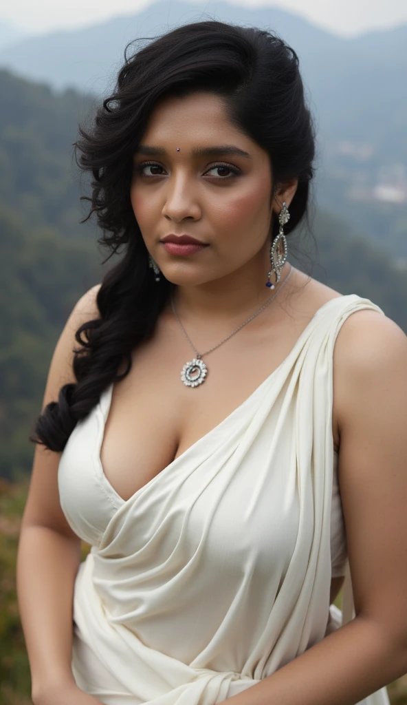 close up photo of curvy indian, big cheeks, hourglass figure, swooping breasts, showing cleavage, seducing on mountains, french braid hair, necklace, sexy white satin silk half saree, sultry, seductive eyes, look at viewer and smile, (cinematic:1.3), intricate details, (ArtStation:1.2)