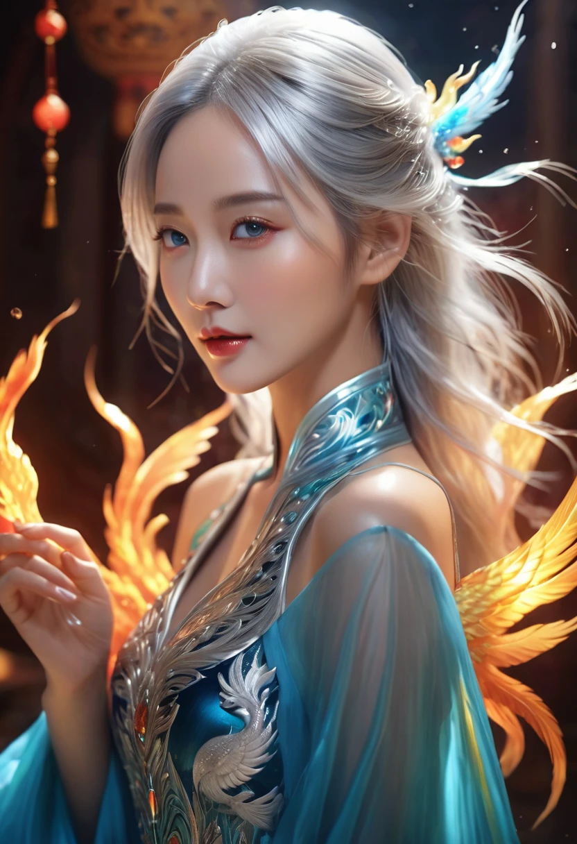 masterpiece, formal art, beauty, beautiful chinese woman, silver hair, phoenix maiden, beautiful fair-skinned woman with magic water around her, realistic illustration, glowing, (best quality,4k,8k,highres,masterpiece:1.2),ultra-detailed,(realistic,photorealistic,photo-realistic:1.37),beautiful detailed eyes,beautiful detailed lips,extremely detailed eyes and face,longeyelashes,elegant pose,ethereal,dramatic lighting,vibrant colors,intricate details