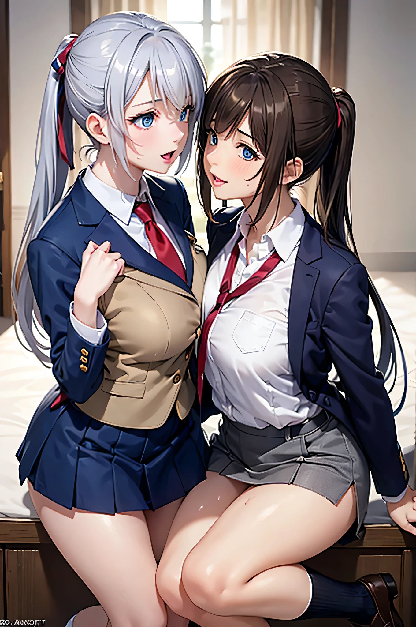 Anime Moe Art Style,Highest quality,High resolution,Anatomically correct,Multiple Girls,Mid-,Mr.々Hair style,Super detailed,Big Breasts,Shiny skin,Beautiful Skin,A rich expression,A big smile,high school girl,Nipples are visible,Hotel,On the bed,blazer,mini skirt,Show off your chest,Naked upper body,Sexy pose,Eyes drawn in detail,8K