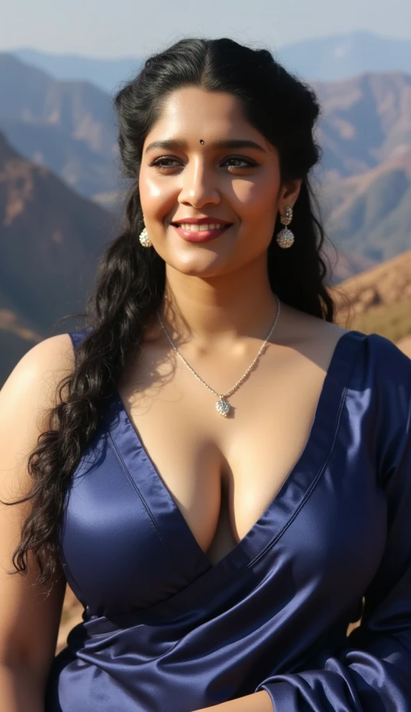 close up photo of curvy indian, big cheeks, hourglass figure, swooping breasts, showing cleavage, seducing on mountains, french braid hair, necklace, sexy blue satin silk half saree, sultry, seductive eyes, look at viewer and smile, (cinematic:1.3), intricate details, (ArtStation:1.2)