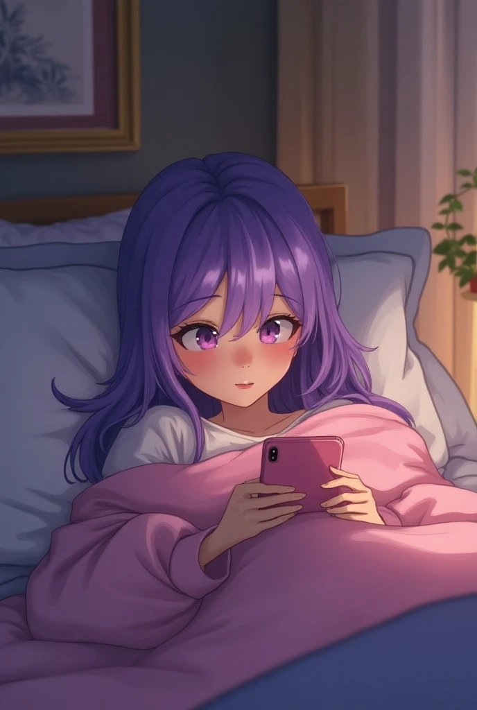 SEXY ANIME GIRL LYING DOWN LOOKING AT HER PHONE WHILE CRYING