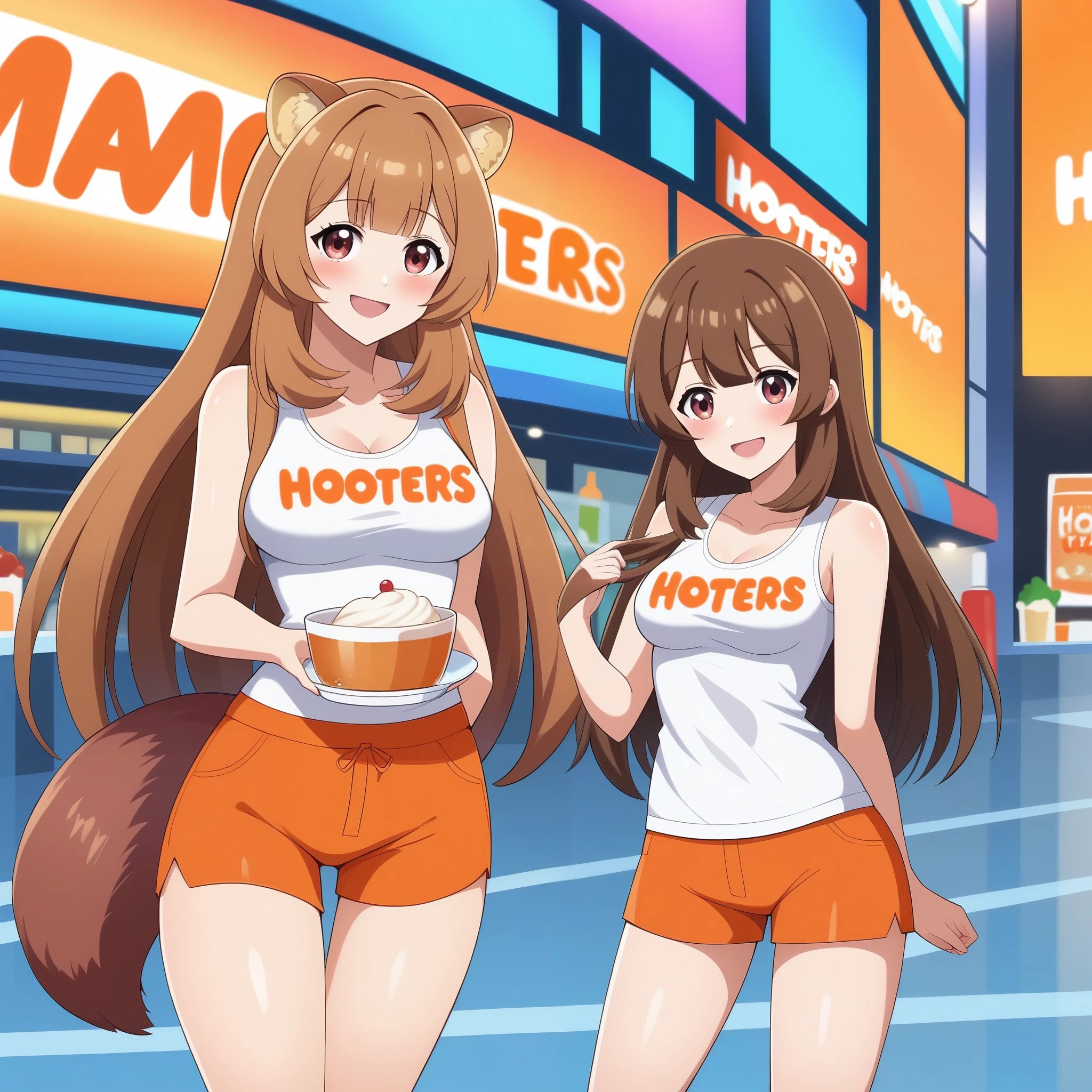 (high high quality , masterpiece )raphtalia ,  orange hair with red tips,  eyes red like rubies  ,  smile, blush,  wears Hooters sleeveless blah shirt. Background a city .