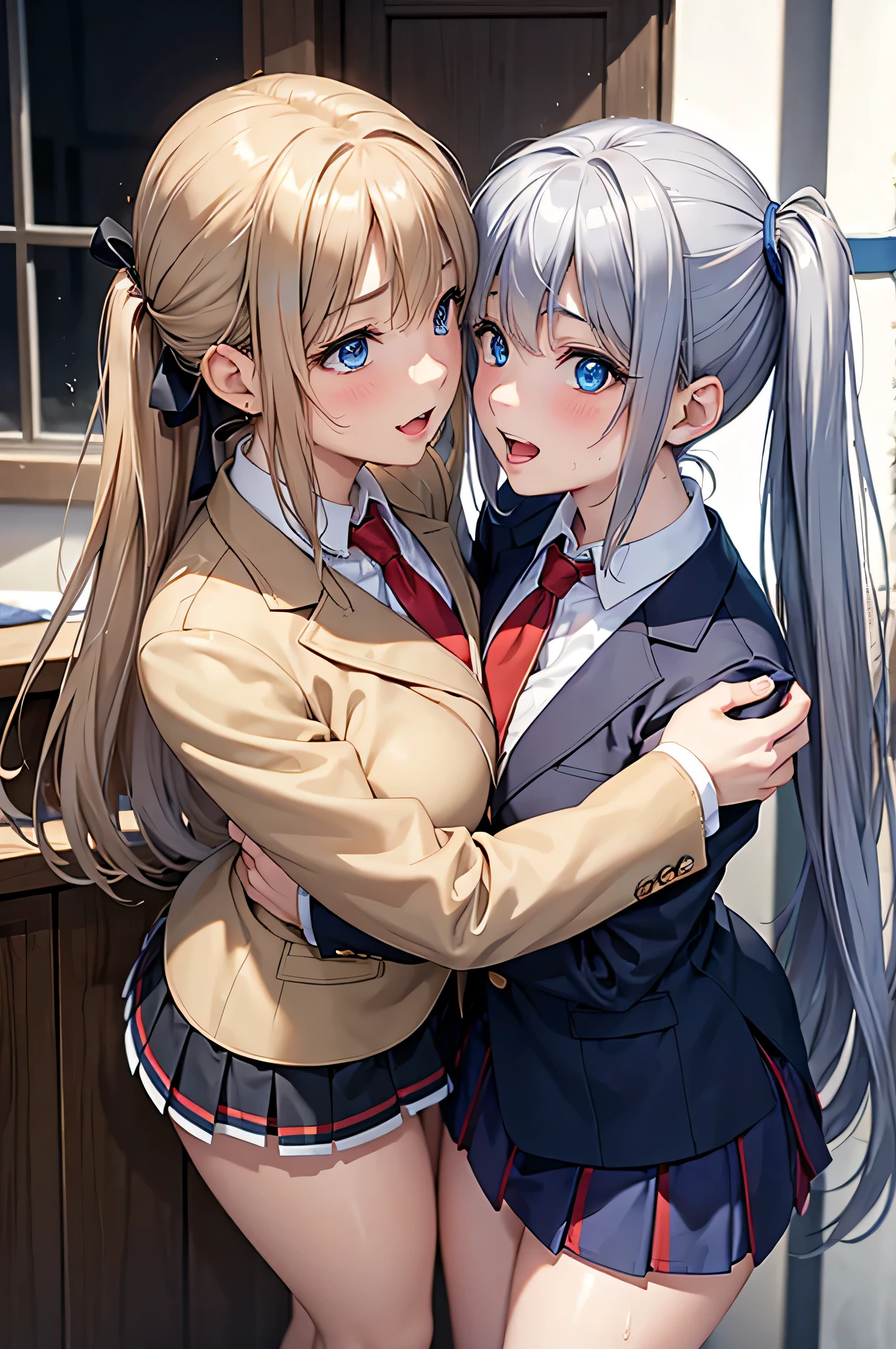  adult woman laughing, 2 women kissing,The two of them are staring at each other, put your hand inside the skirt, sexy,8K resolution,((Best Quality)), super high definition, ( ecstatic face), ( blue eyes),  Beautiful Symmetrical Face , ( silvery long hair),( brown ponytail), blazer uniform, miniskirt, Cardigans ,Realistic:1.4,Realistic:1.4,(masterpiece:1.2), perfect eyes,Perfect Eyes, Anatomically Correct Human Body ,Perfect waist,Perfect thighs,(Open your mouth:0.8),(tongue:0.8),Sigh,socks,Disheveled clothing,(sweat:1.1),(saliva:0.8)