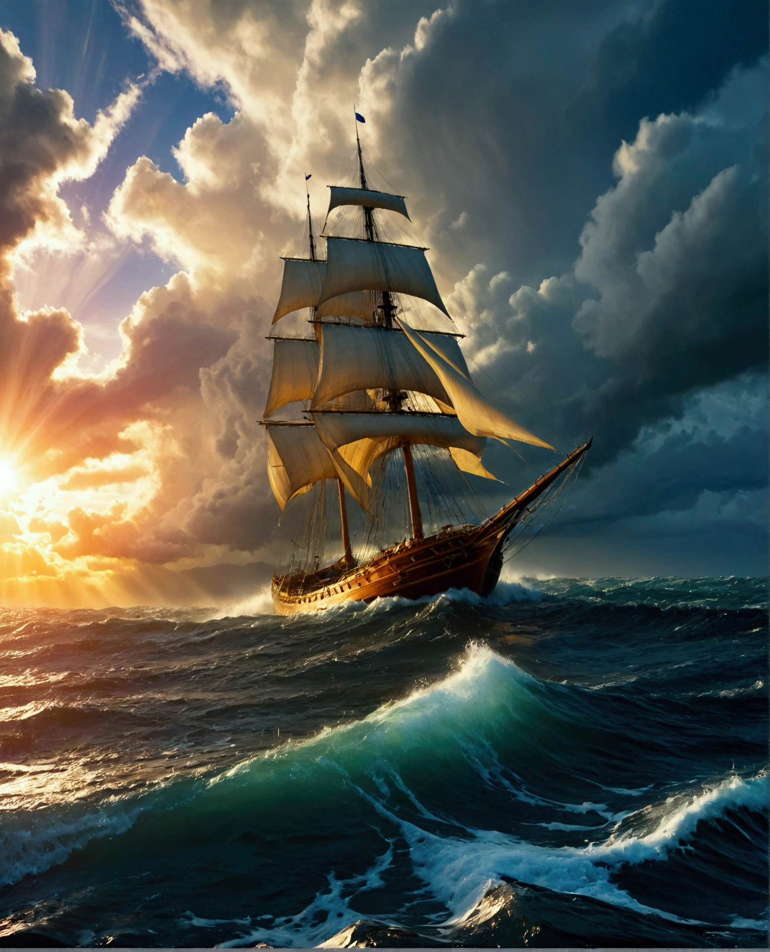 a majestic sailing ship, stormy ocean, dramatic cloudy sky, crashing waves, heavy rain, moody lighting, cinematic composition, hyper-realistic, 8k, detailed, photorealistic, studio lighting, vibrant colors, dramatic atmosphere, ship's hull tilted by the wind