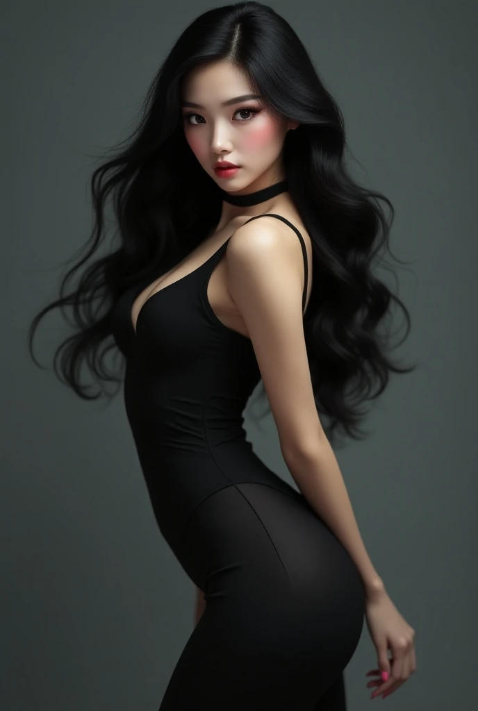 Black haired young female beauty with black long hair and a black short dress is modeling. She has her mouth slightly open. Photorealistic. The whole body is visible