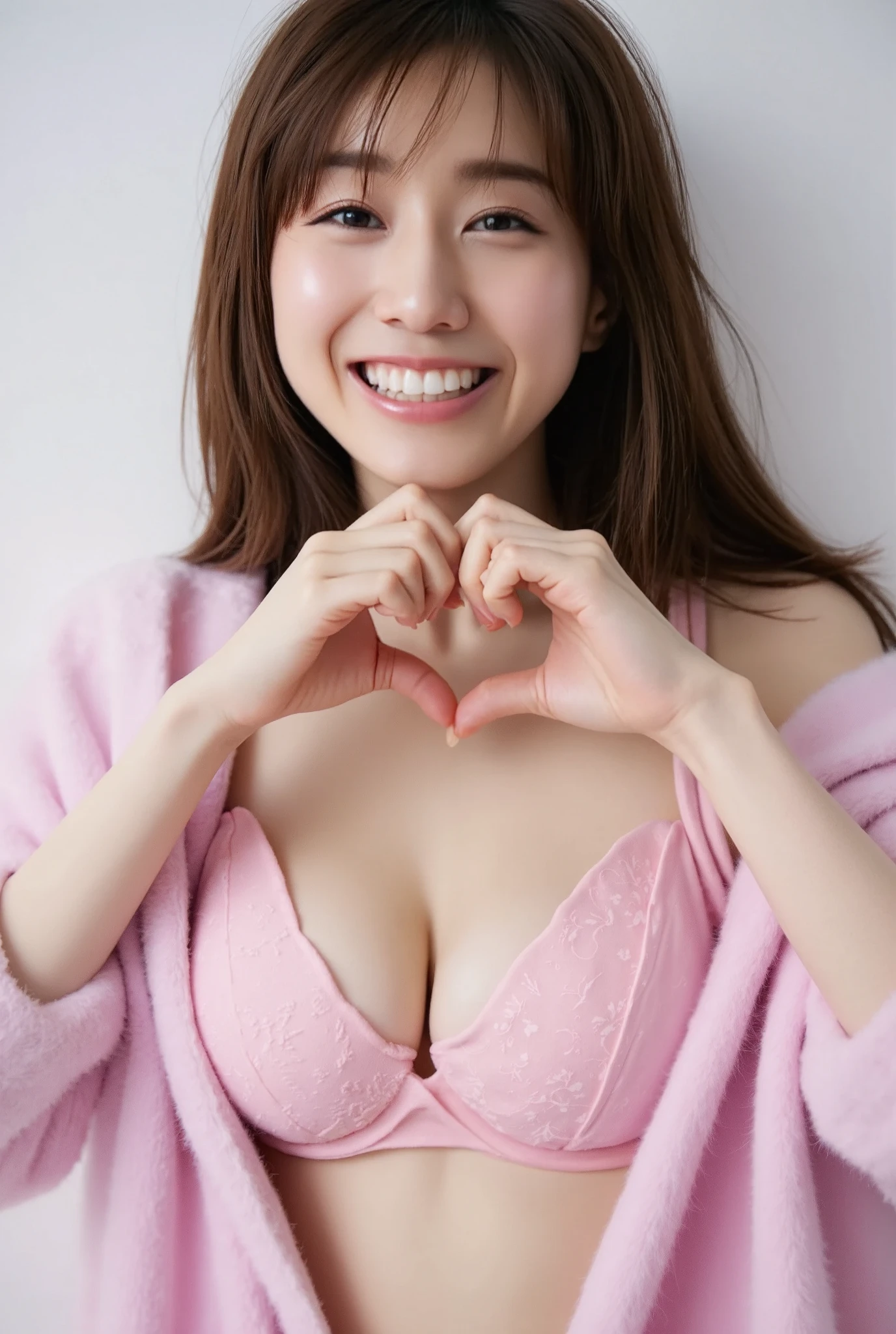 Only one woman with a cute smile wears cute, fluffy off-shoulder pajamas, makes a big heart shape with both hands, and poses them in front of her chest, View above collarbone、The background is a monotone 

