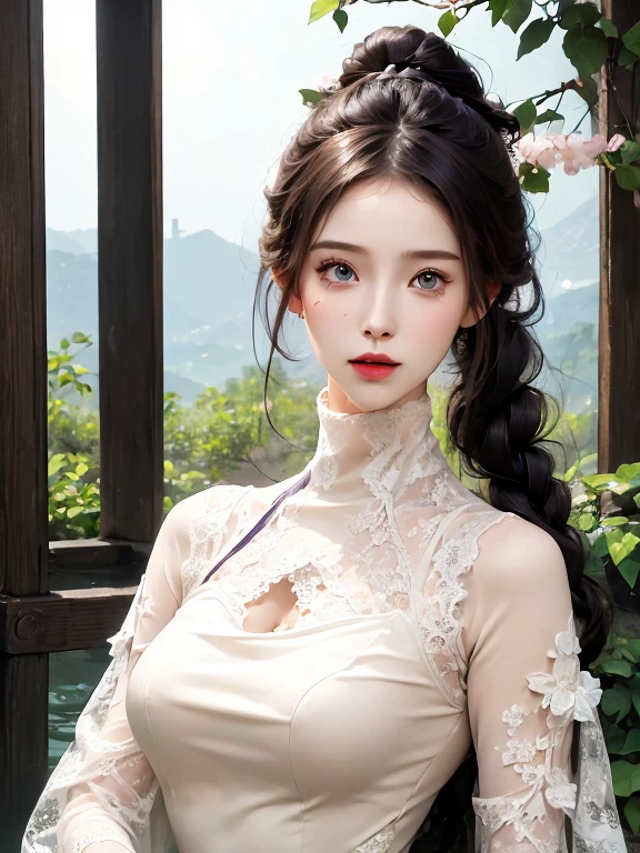 (hyper realisitic), (Illustration), (High resolution), (8K), (Extremely detailed), (Best Illustration), (Beautiful detailed eyes), (Best Quality), (Ultra-detailed), (masutepiece), (wall-paper), (Photorealistic), (Natural light), (Rim lighting), (Detailed face), (Highly detailed realistic skin texture), (Anatomically correct), (Solo), (1 girl), (extremely detailed realistic hair), (Blue hair:1.2), spiked hair, (Heterochromic eyes), (Detailed green eyes), (Small moles under the eyes), (Realistic big breasts:1.5), (Exposed breasts:1.3), (Long legs), (Slender Abs), (Dynamic Pose), (Closed mouth:1.3), (Traditional costumes of Hanfu), (Sheer clothes:1.5), NSFW,