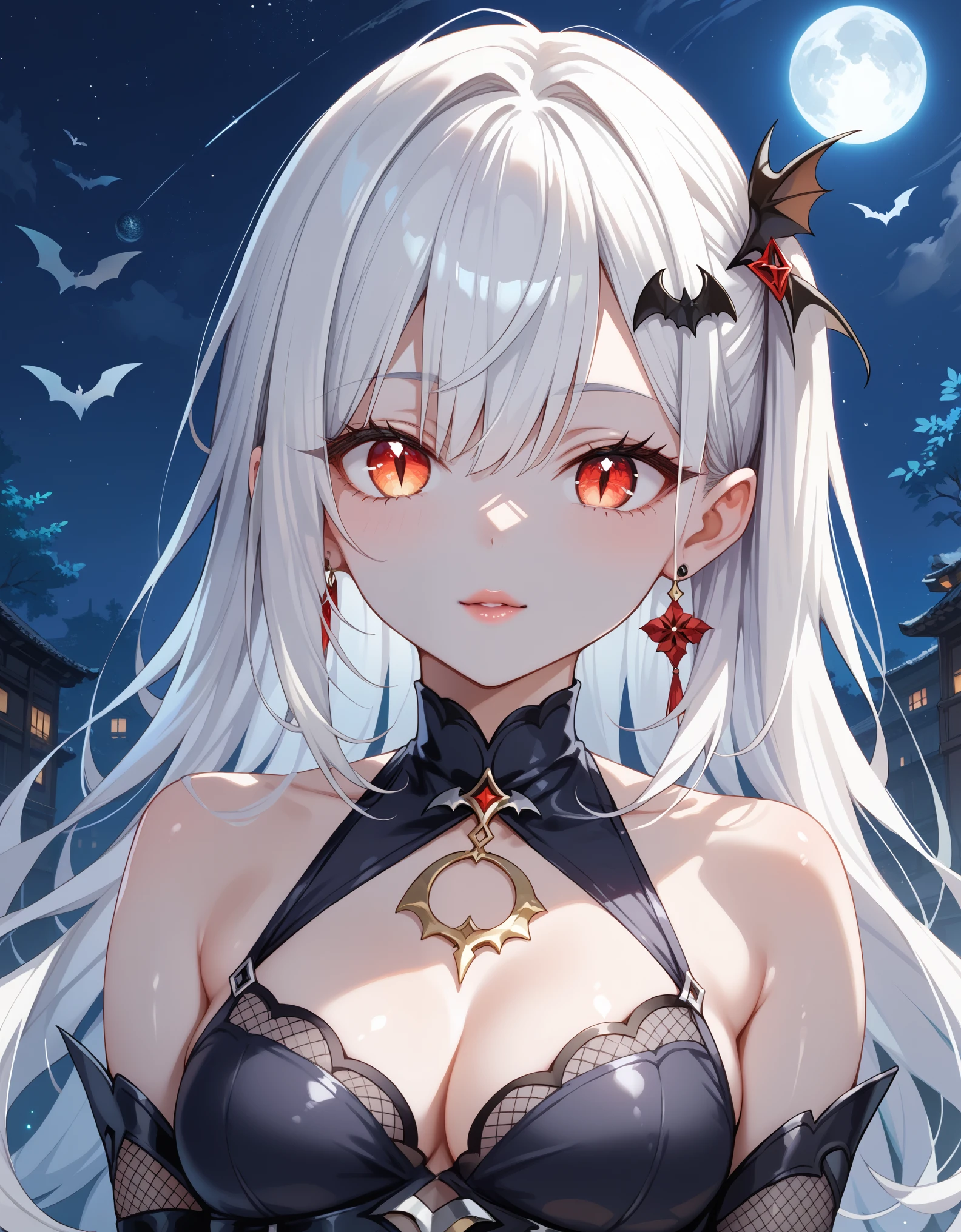 score_9, score_8_up, score_7_up, white hair ,Grey skin ,eye contact ,bat_hair_ornament ,Hitodama ,artificial eye