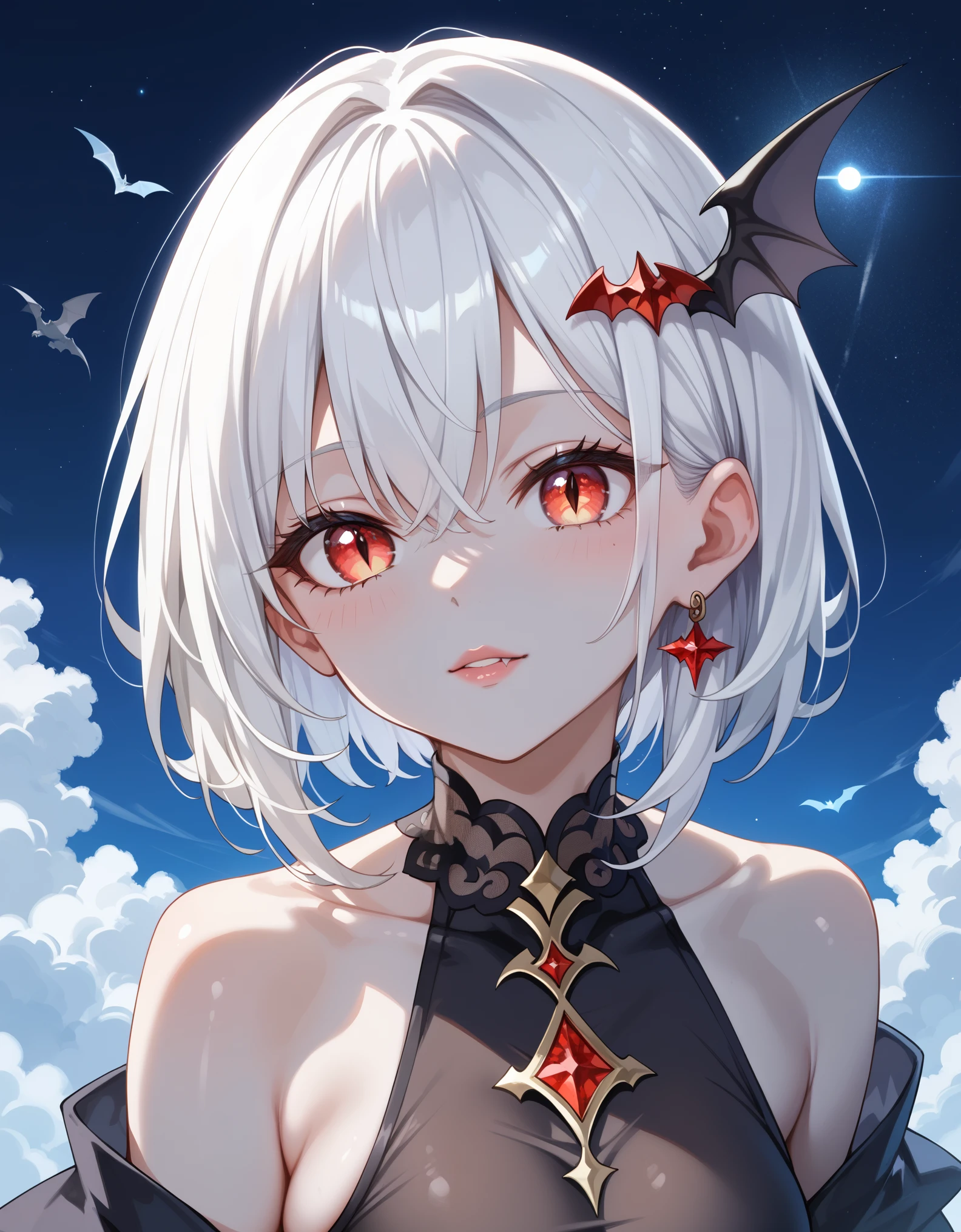 score_9, score_8_up, score_7_up, white hair ,Grey skin ,eye contact ,bat_hair_ornament ,Hitodama ,artificial eye