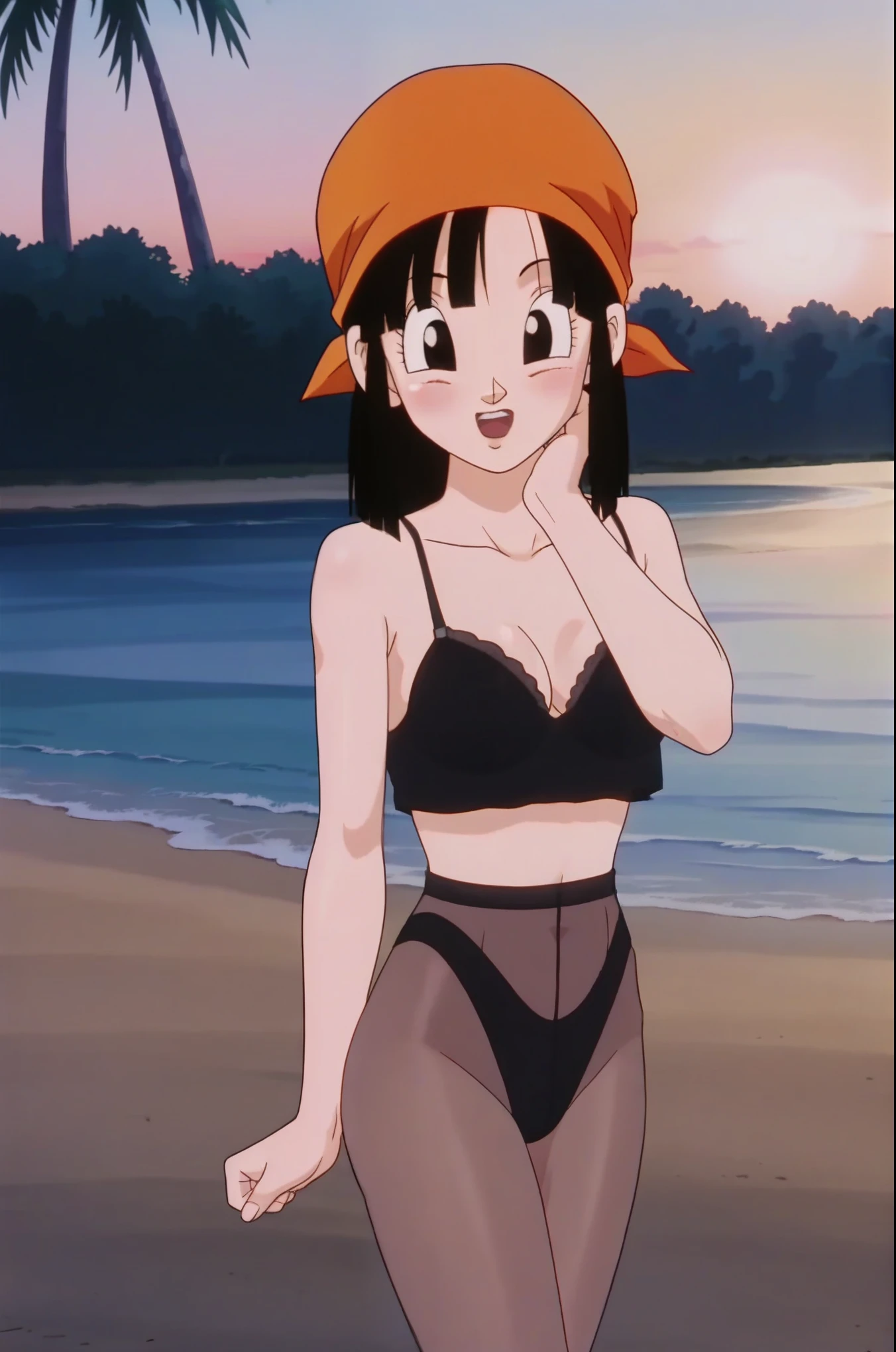 source_anime, score_9, score_8_up, score_7_up, anime screencap, 
pangt, 1girl, bangs, blushing, sexy face, grass, black hair, sunset, Watching the sunset, beach in open sea sunset, sun, collarbone, whole body, teeth, blunt bangs, outdoors, black eyes, eyelashes, upper teeth only, retro artstyle, , 1990s \(style\), orange headwear, underwear, scratched lingerie, mesh stockings, transparent tights, melancholic, thoughtful, hand on the chin, medium ass, breasts, sexy