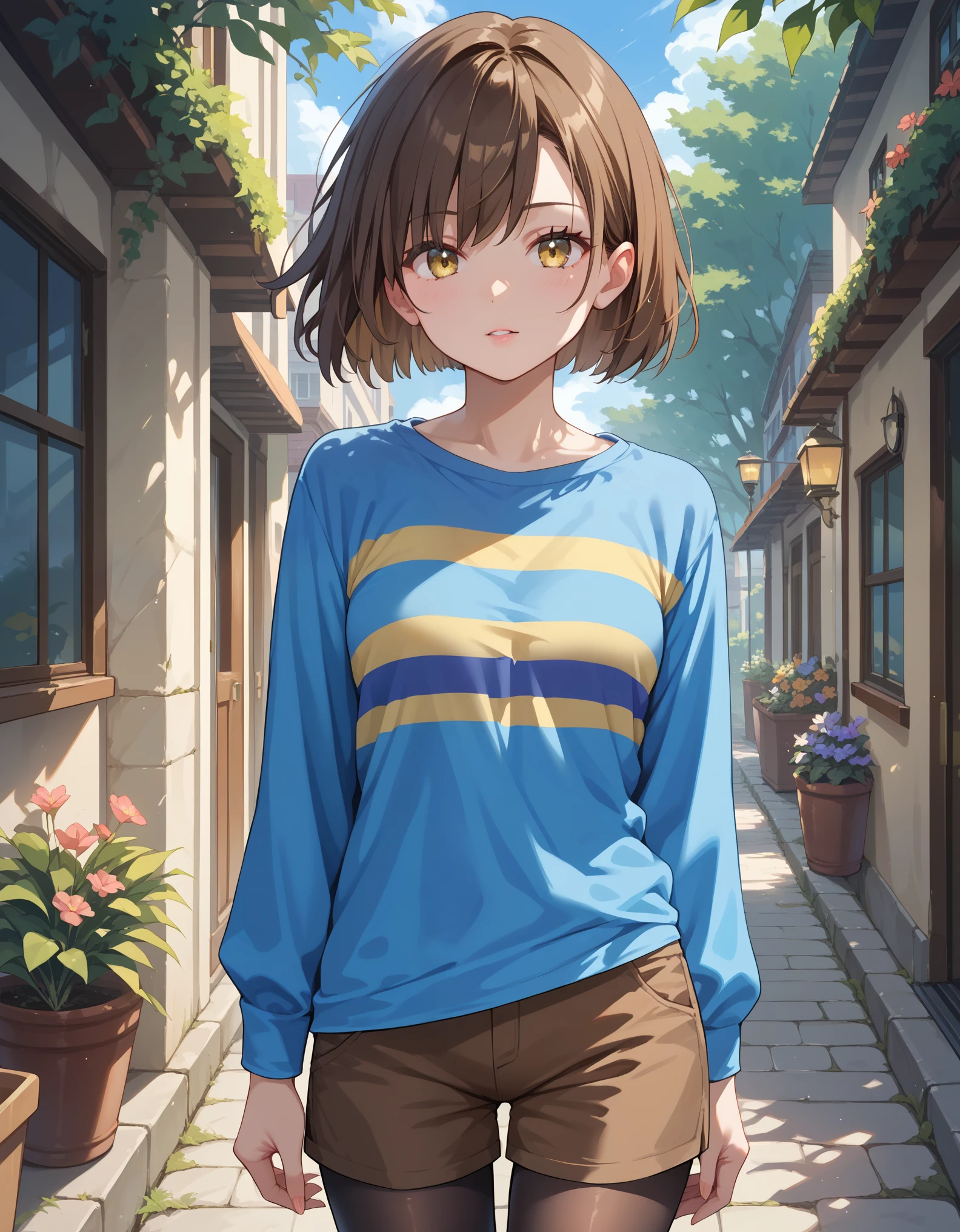 score_9, score_8_up, score_7_up, Undertale Frisk, brown hair, brown shorts, bob cut, short hair, black pantyhose, blue shirt, yellow eyes, 1girl, solo, striped, striped shirt