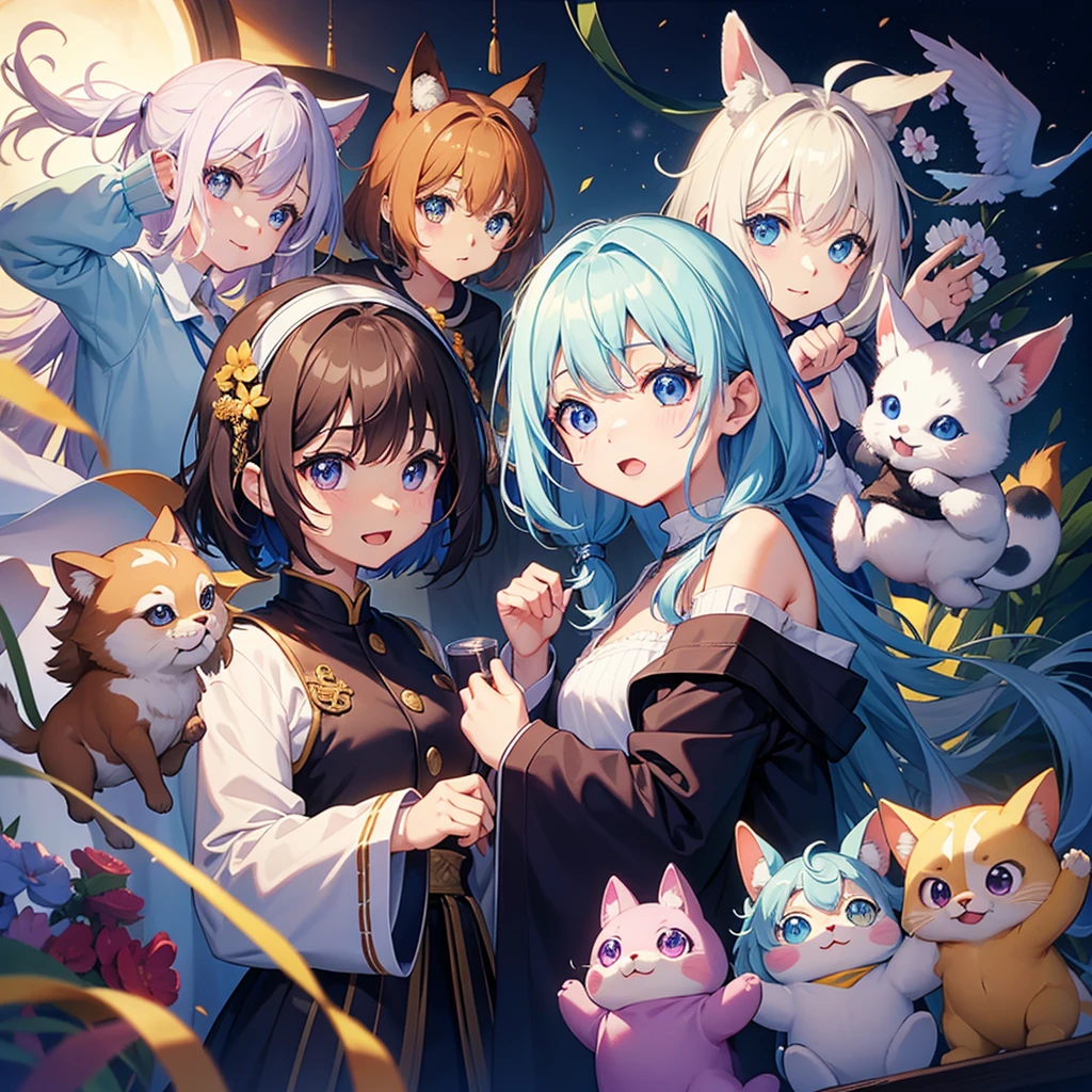 A three-headed witch wearing a white robe and a blue cloak, Holds a blue crescent-shaped wand, has blue hair, cat ears, and green eyes