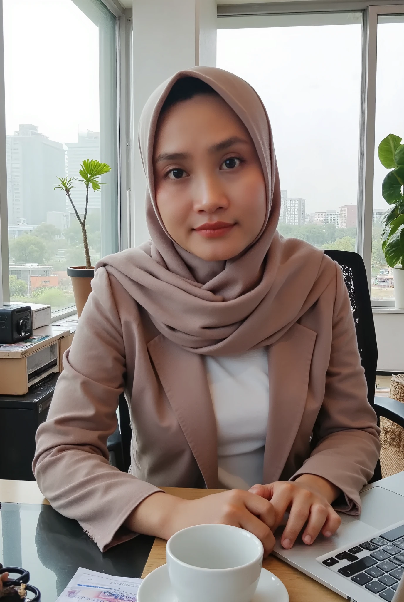 56 years Old, Hijab Indonesian mature woman, Big Mature Tits : 48.9, Gamis, white skin like porcelain, Curvy body, Tattoed Face, at Teacher Office, High light, at Day time, 128K HDR Best Quality Photo