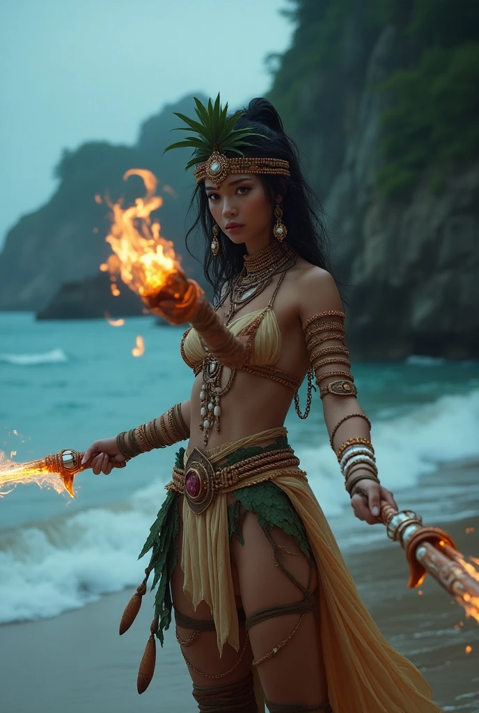 Ebony Hawaiian fire dancing with fire staff, nightime near the ocean, spinning fire, only 5 digits on both hands, sexy, gold jewlery
