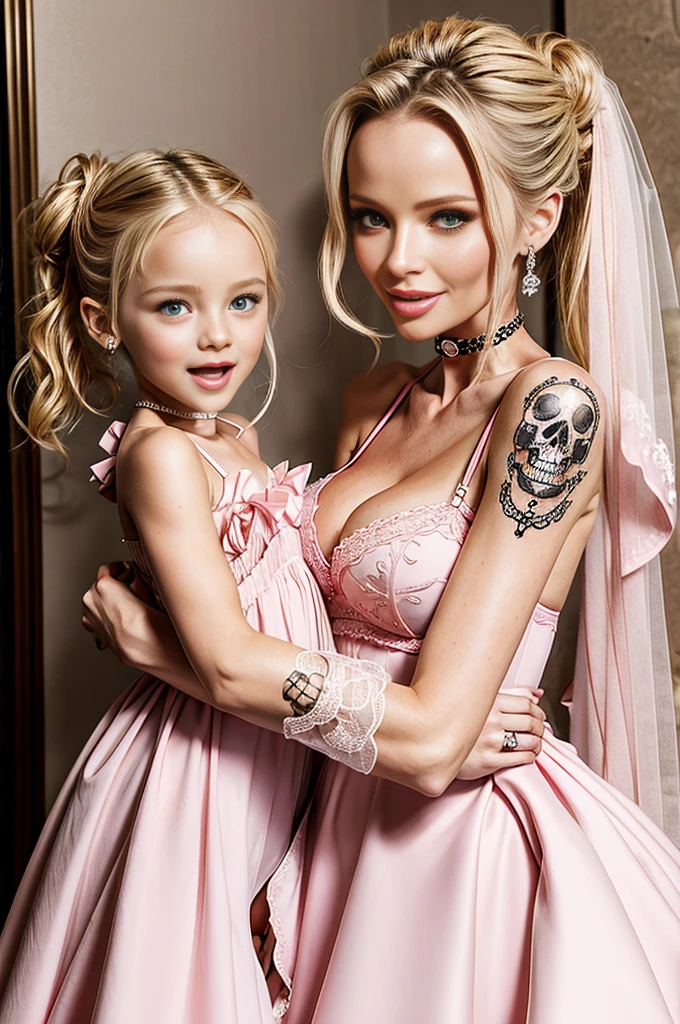 Super Skinny blonde Georgina Chapman and her young daughter, wearing pink wedding dress, she has a very long penis, she is grabbing her own penis, skull and crossbones tattoos all over her body, short hair tied up in a bun, screaming, smiling, her penis is huge, her penis is one meter long, choker, ****ta, her penis wearing pink lingerie