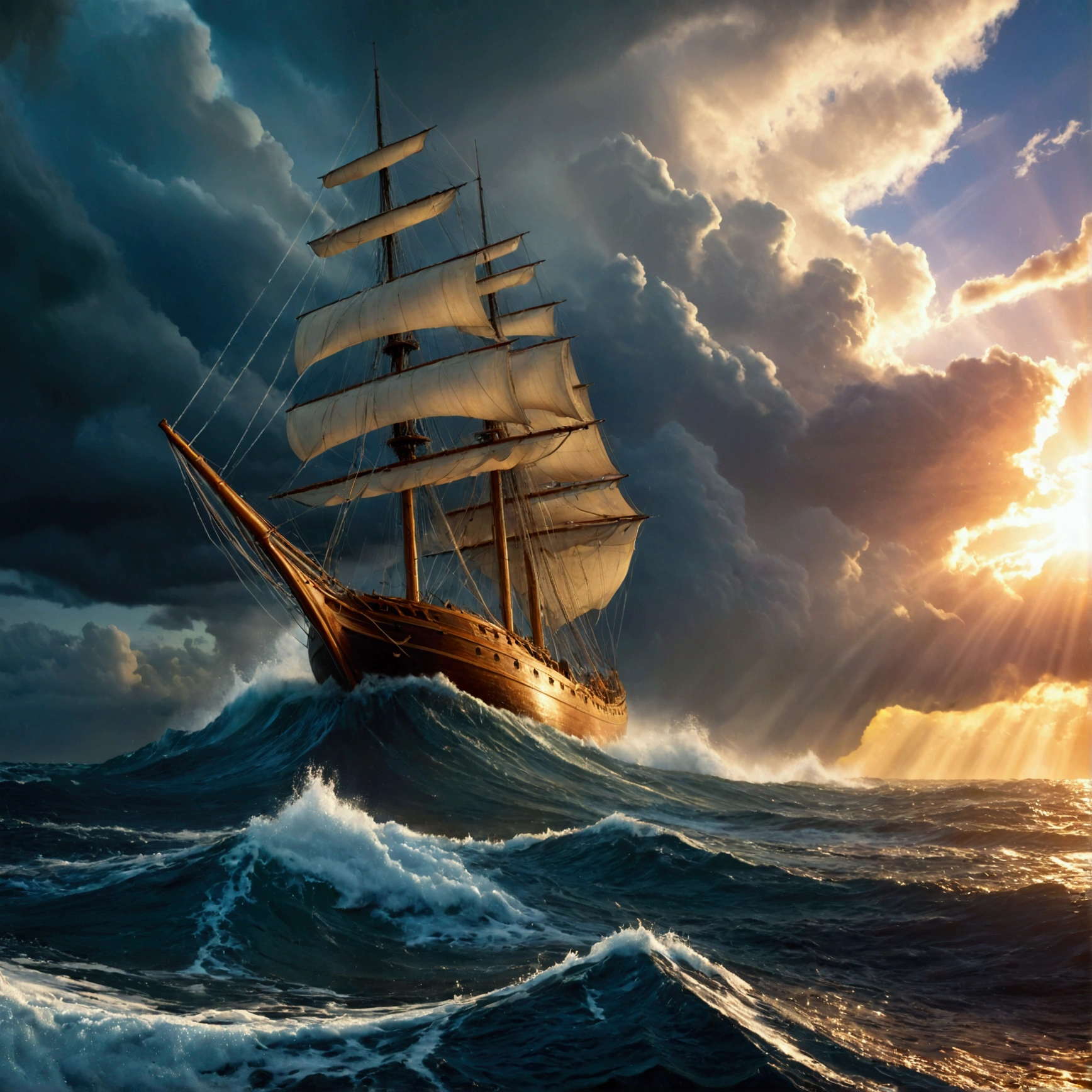 a majestic sailing ship, stormy ocean, dramatic cloudy sky, crashing waves, heavy rain, moody lighting, cinematic composition, hyper-realistic, 8k, detailed, photorealistic, studio lighting, vibrant colors, dramatic atmosphere, ship's hull tilted by the wind