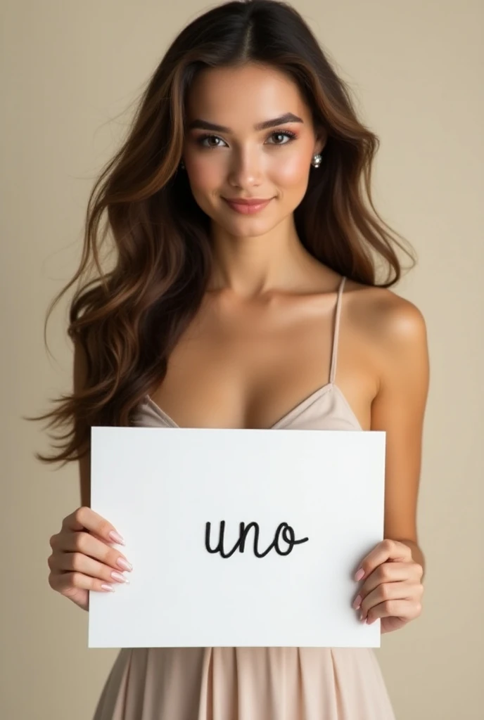 Beautiful girl with wavy long hair, with a big breast, with a messy white shirt holding a white board with text "ponemelo Vicente" and showing it to the viewer, with big sexy legs