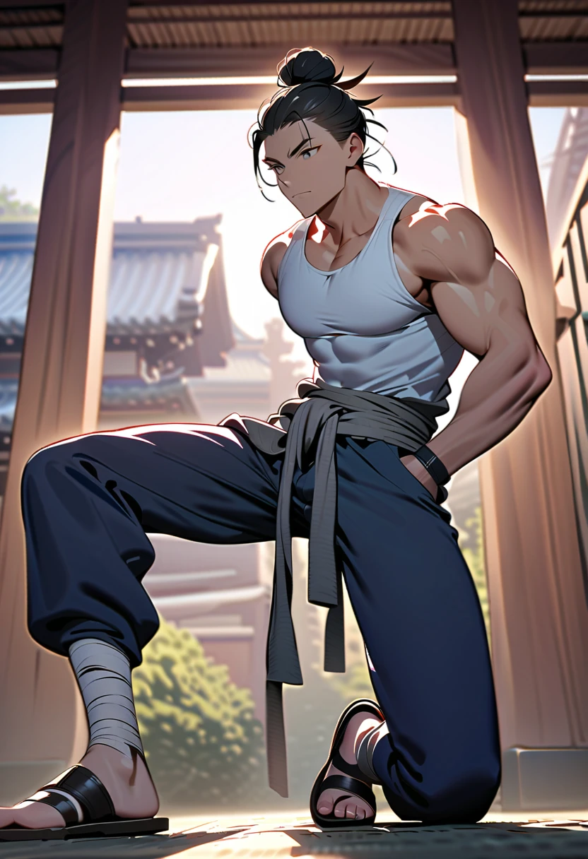 masterpiece, best quality, perfect lighting, high resolution, 1 guy, asian, swordsman, tall stature, muscular but lean build, jet black hair, manbun with long and spikey hair reaching nape, two long and spikey bangs, black eyes, soulless eyes, calm and relaxed demeanor, straight face, handsome, white martial arts top, bluish-purple cloth wrapped around waist, thick rope wrapped around waist like belt, BREAK, slightly baggy, navy blue pants, BREAK, black bandages wrapped over each ankle, black sandals, BREAK, minimal black sword on waist