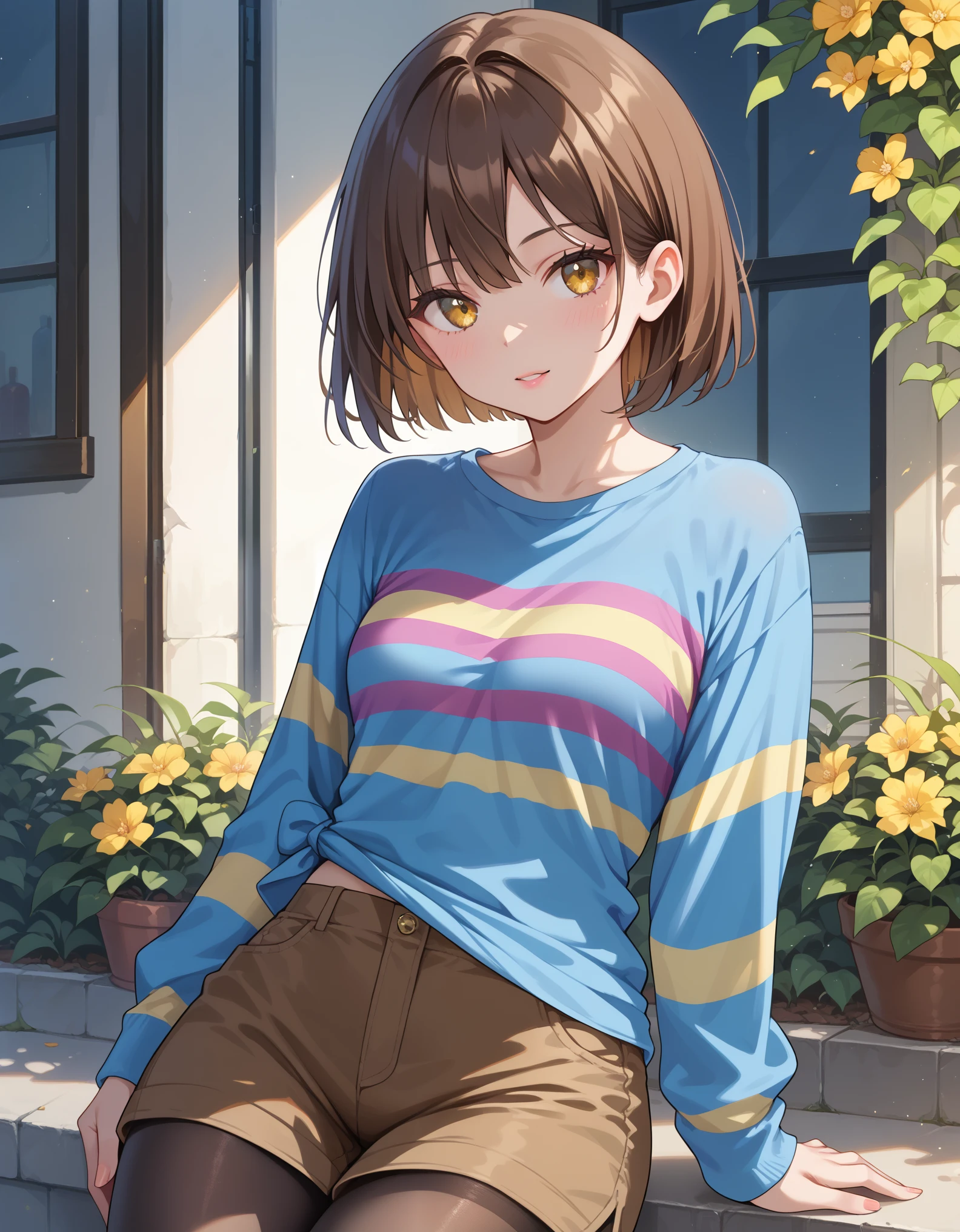 score_9, score_8_up, score_7_up, Undertale Frisk, brown hair, brown shorts, bob cut, short hair, black pantyhose, blue shirt, yellow eyes, 1girl, solo, striped, striped shirt