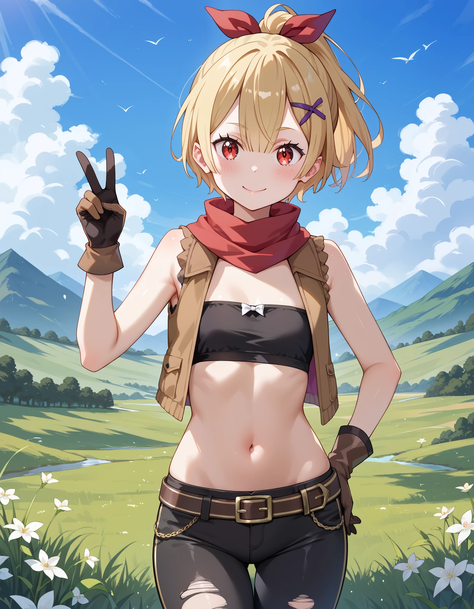 score_9, score_8_up, score_7_up, 1girl, felt_(re:zero), red_eyes, blonde_hair, short_hair, ponytail, flat_chest, hair_bow, black_bow, red_scarf, brown_vest, open_vest, sleeveless, brown_gloves, fur-trimmed_gloves, black_bandeau, single_pantsleg, black_pants, torn_pants, asymmetrical_clothes, brown_belt, sheated, happy, v, hand_on_own_hip, looking_at_viewer, grass, sky, blush, closed_mouth