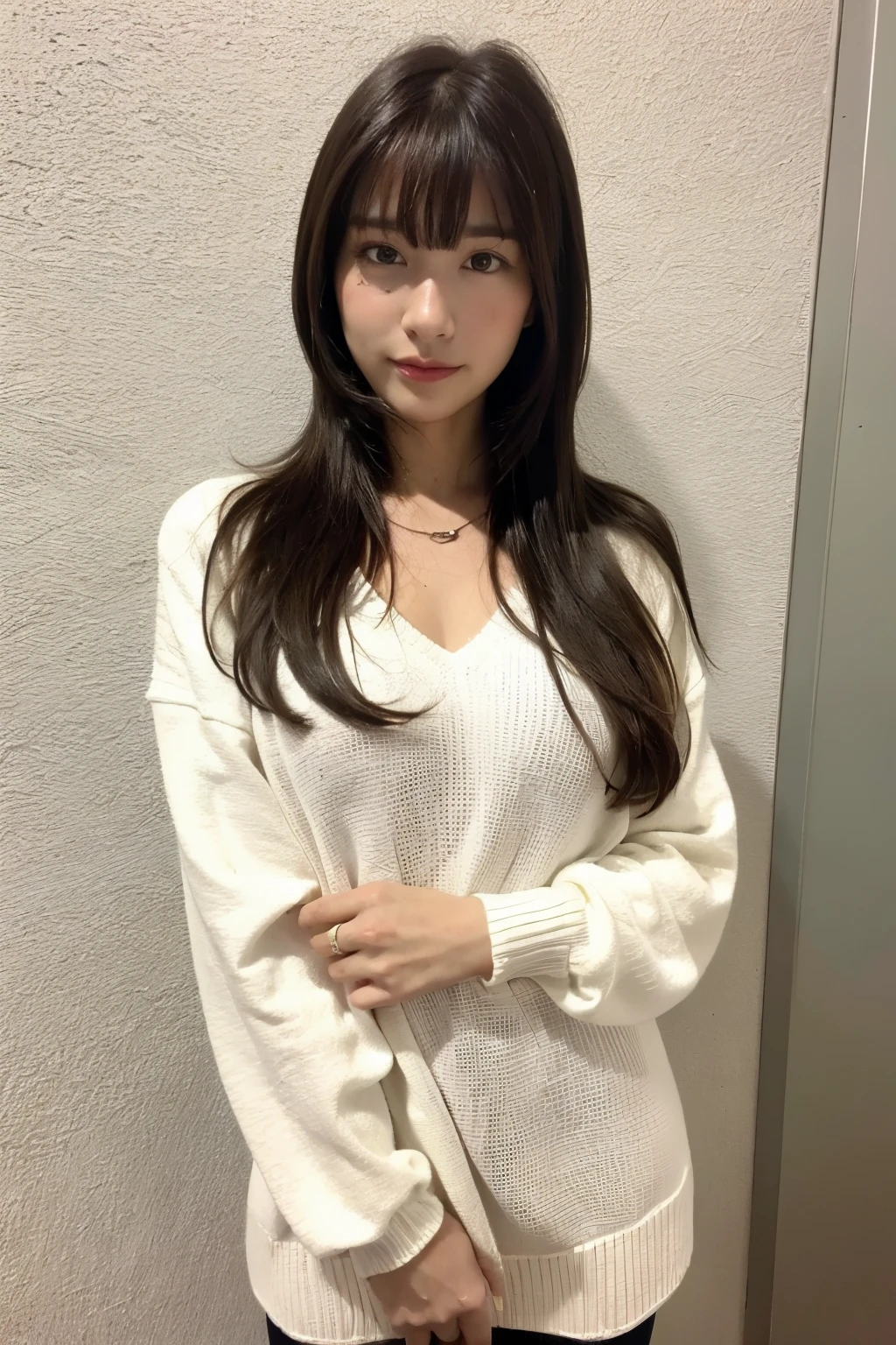 Best quality, one beautiful woman wrapped in hachimaki , 28 years old, S, 35mm Lens, debt/1, cowboy shot, concrete background、Tile Background、white knitwear、Light Brown,debtrom below、 straight hair、 straight hair、 shiny hair, silky hair、Thick bangs、Heavy bangs、blunt bangs、 full body photo