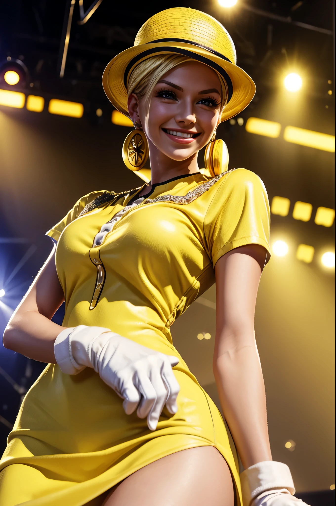 masterpiece, best quality, extremely detailed, hyperrealistic:1.1, photorealistic, a beautiful 20s european model, ultra detailed face:1.1, yellow hat, blonde hair, short hair, earrings, yellow dress, gloves, smiling, on live stage, stage lighting, standing


