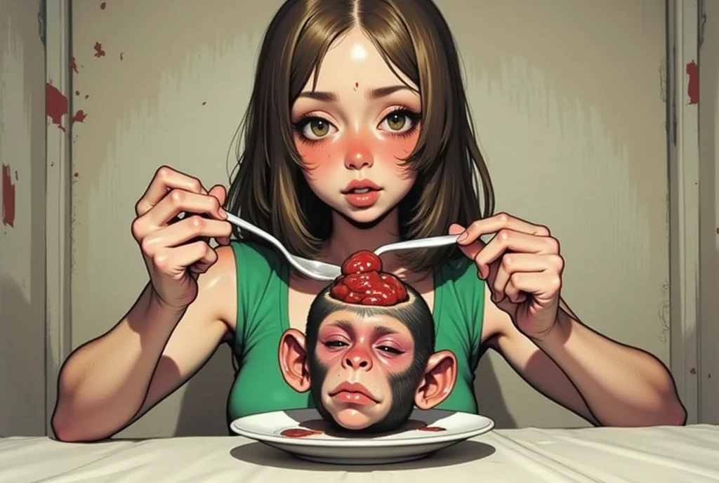 A girl is trying to get her brain out of the head of a monkey on a plate with a spoon and put it in her mouth