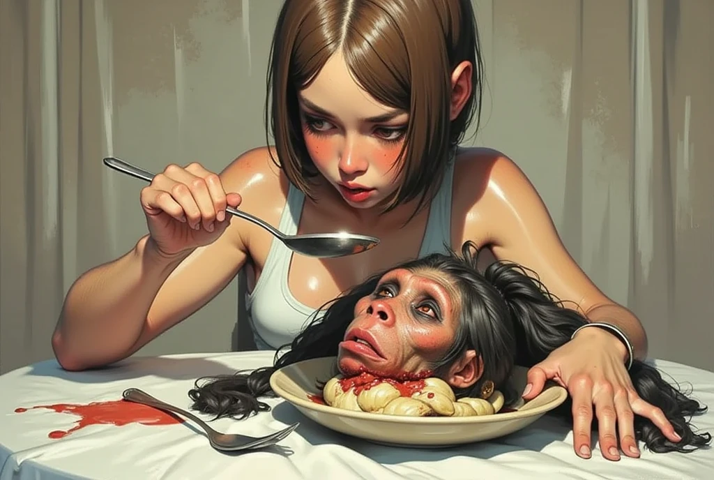 A girl is trying to get her brain out of the head of a monkey on a plate with a spoon and put it in her mouth