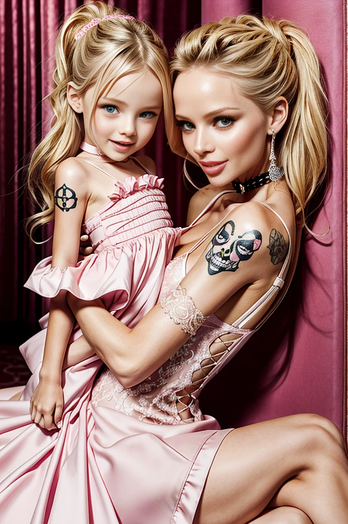 Super Skinny blonde Georgina Chapman and her young daughter, wearing pink wedding dress, she has a very long penis, she is grabbing her own penis, skull and crossbones tattoos all over her body, short hair tied up in a bun, screaming, smiling, her penis is huge, her penis is one meter long, choker, Lolita, her penis wearing pink lingerie