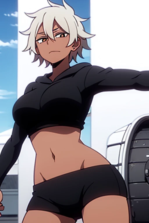 short messy hair, white hair (masterpiece), best quality perfect face beautiful girl, feminine, defined curves, cinematic, aesthetic, shadows, gorgeous, amazing, 1girl, dark skin, best quality, expressive eyes, (black eyes:1.3) ringed eyes, midriff, white winter hoodie, black shorts