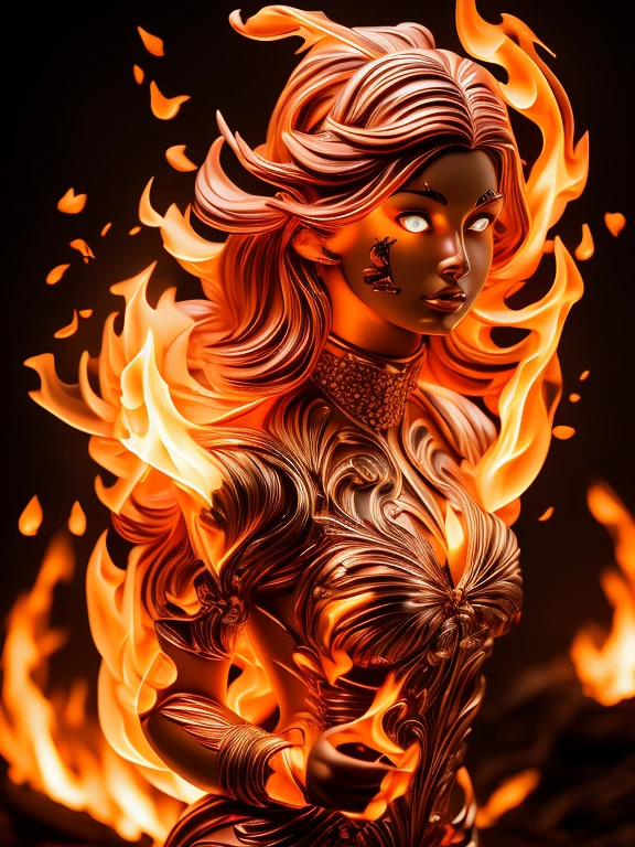  A beautifully sculpted and powerful lava representation of a woman in motion captures the essence of a Renaissance masterpiece. Wearing headphones, raising a fist, winking, let's go! , idol, cute, smiling, gut punch, futuristic full body coordination, attracting audience, bustle, energetic, dynamic position, bright studio, poster-like scene, high tension rhythm, eyes The flowing robes and dynamic pose suggest grace and vigor frozen in time. This stunning sculpture, possibly a lava sculpture, exudes elegance and strength, with intricate details that demonstrate the artist's skill and vision. The blend of classic beauty and fiery intensity makes this piece a true work of art.
