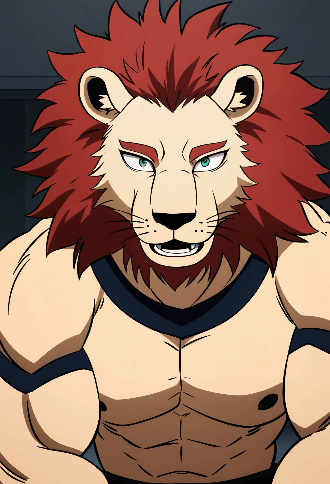 My Hero Academia character, MHA style, anime style, my hero academia, boku no hero academia, animated. Anime, best quality, High Resolution, smiling, anthro, lion, male, pro hero, muscular, 