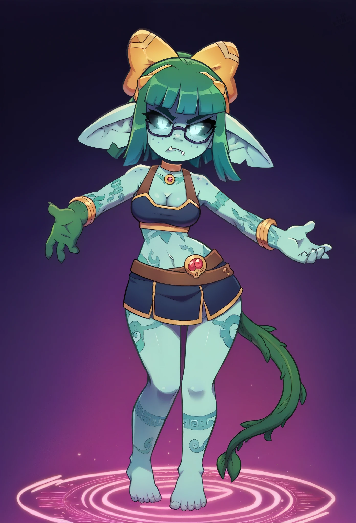 Prismatic coloration, holographic environment. a young goblin girl with vibrant green skin and short stature, standing in a fierce battle stance. She has light blue eyes with black sclera, heavy freckles on her face, and a goblin-like tail. Her sharp vampire-like teeth slightly poke out from her mostly closed mouth, and she wears cute glasses that contrast with her intense expression. She is wearing a black, minimal sports bra with thin straps, paired with matching black bikini-style bottoms featuring stylish cutouts on the sides. a gold band around her neck resembling a choke collar, and a brown belt that fastens at the waist. Her accessories include a cute badge pinned on her hair, and walks barefoot. Light blue energy swirls around her hands, and vines are wrapped around her legs, suggesting she has control over flora. The overall mood is fierce yet whimsical, blending elements of magic and nature. In the background, dark, thorny vines twist and coil around her. beautiful detailed eyes, extremely detailed face and features, masterpiece, 4k, 8k, high-res, ultra-detailed, physically-based rendering, vivid colors, studio lighting cinematic lighting, dramatic lighting, dramatic composition, dynamic pose, volumetric lighting, gradient, cleavage, perfect ass, great hips, C-cups, Perfect breasts, shapely figure, Serious expression, volumetric fog, scowl, glowing eyes, chibi, short, intricate, detailed, extremely detailed, accurate anatomy, jewelry, bangs, hair ornament, hair bow, Golden choker, tight choker, extremely detailed freckles, sharp ears, green skin, sharp teeth, vine tattoos, full body tattoos, spectral butterflies surround her, vine like tail, intricate tattoos, levitating, skirt, ethereal forest,
