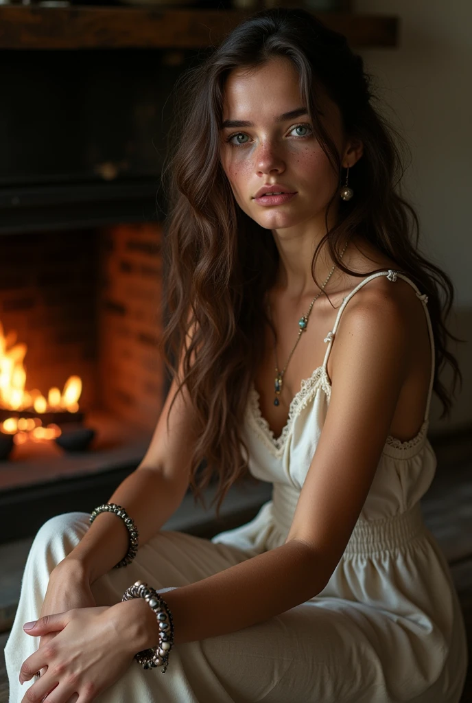 (best quality,4k,8k,highres,masterpiece:1.2),ultra-detailed,(realistic,photorealistic,photo-realistic:1.37),beautiful sexy dressed mystical woman sitting by the fireplace,brown hair,cabin,fireplace,portraits,detailed eyes,long eyelashes,feminine figure,ethereal beauty,natural lighting,vibrant colors,magical atmosphere,serene expression,harmonious composition,gentle breeze,mystical aura,tranquil setting,radiant sunlight,soft shadows,faint mist,dreamlike quality,peaceful ambiance,subtle golden hues,evocative,empowering,enchanted realm,Nymph-like appearance,graceful pose,flowing hair,whimsical elements,fantasy world,sublime artistry,captivating,alluring presence,immersive landscape,mesmerizing charm,hazy atmosphere,ethereal magic.