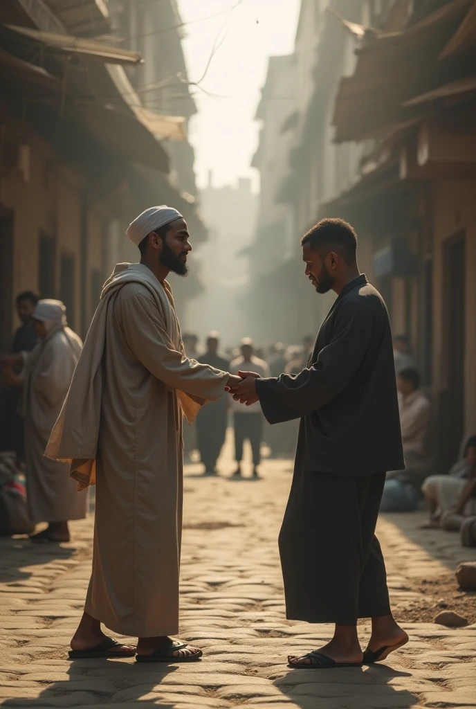 On a street in Madinah, a person is giving some money to another person but the other person is not taking the money. He is waving his hand and saying no.