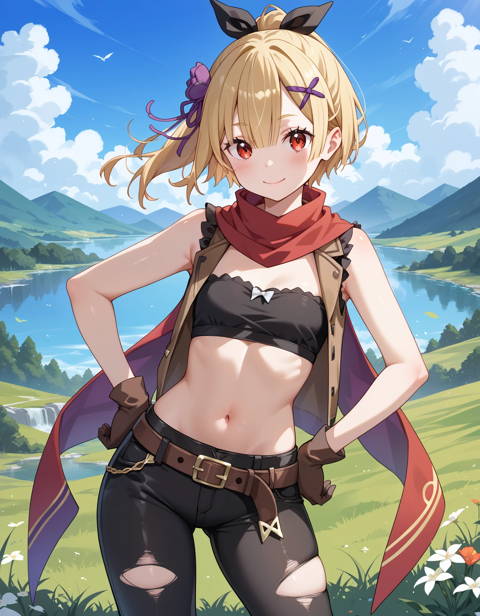 score_9, score_8_up, score_7_up, 1girl, felt_(re:zero), red_eyes, blonde_hair, short_hair, ponytail, flat_chest, hair_bow, black_bow, red_scarf, brown_vest, open_vest, sleeveless, brown_gloves, fur-trimmed_gloves, black_bandeau, single_pantsleg, black_pants, torn_pants, asymmetrical_clothes, brown_belt, sheated, happy, v, hand_on_own_hip, looking_at_viewer, grass, sky, blush, closed_mouth