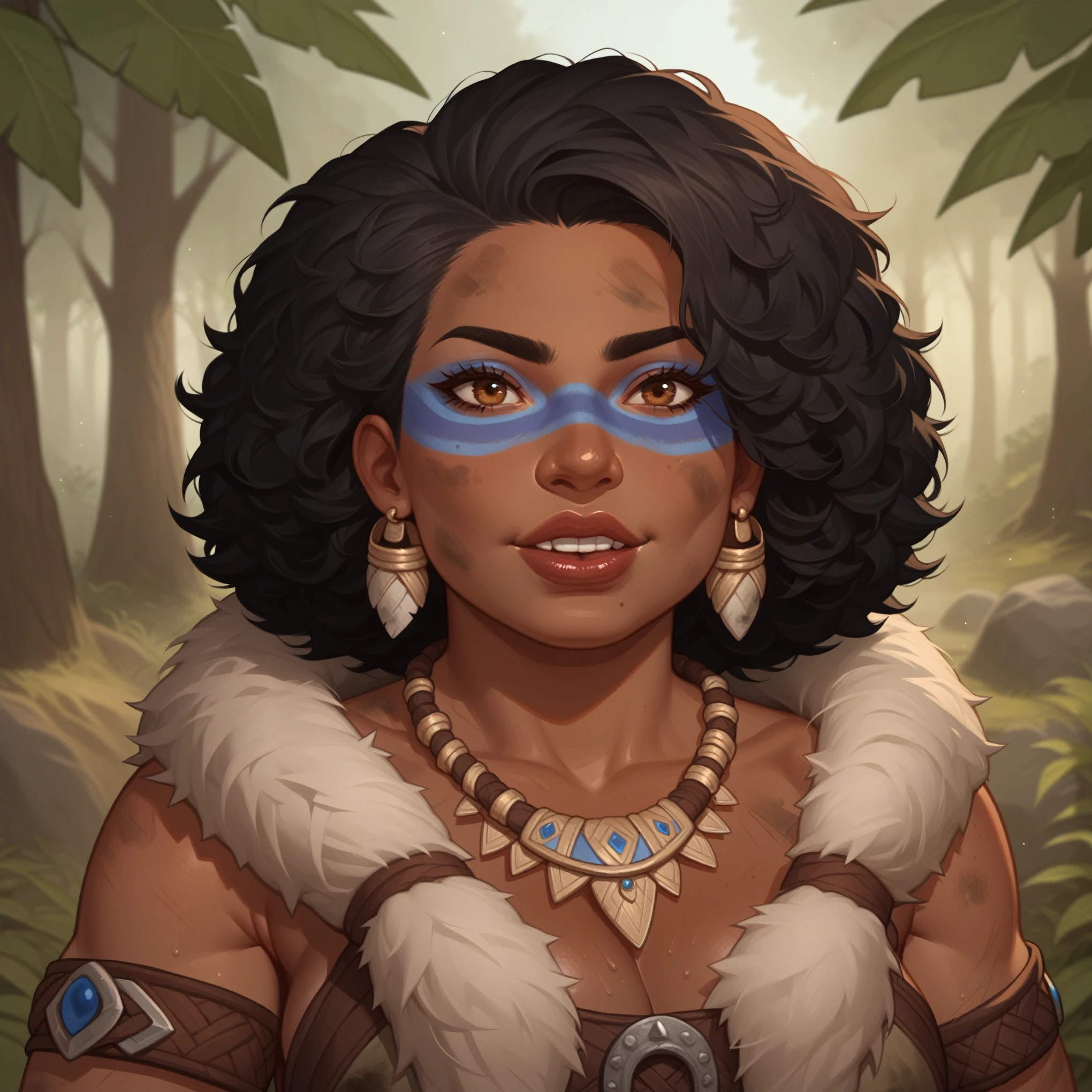 (((beautiful, high quality, detailed face))), score_9, score_8_up, score_7_up, BREAK, (Dwarf, short stature, big nose), (dark skin, brown skin:1.4), black hair, afro hair, jacked, druid, tribal clothes, (blue face paint:1.2), chest band, necklace of teeth, brown fur cape, dirty, dusty, 1girl, mature, female focus, solo, portrait, upper body, portrait, forest background, fantasy, blurred background, Expressiveh, detailxl