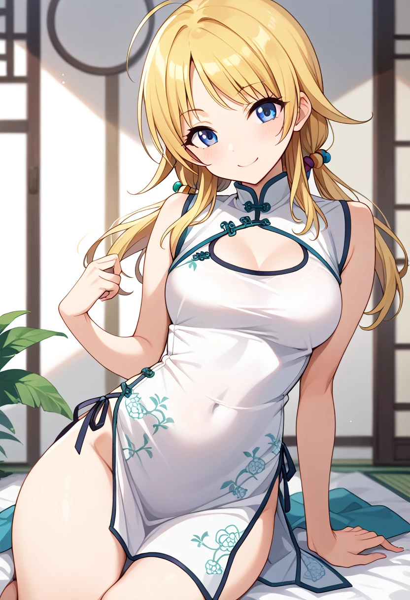 1girl, solo,
hachimiya meguru, 1girl, blonde hair, low twintails, long hair, blue eyes,
china dress,
smile,