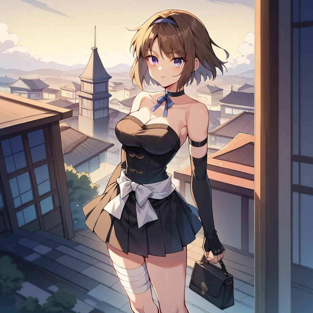  score_9, score_8_up, score_7_up, score_6_up,   1 girl,  is standing, city, town, rooftop, night,  Medium Chest , Takamori Haruka(Hairstyle:1.2)"Kabanelli Unknown , Light purple eyes, "Dark brown hair,  Ribbon Choker ,Purple ribbon,Black and white.japanese clothes, Corset ,black and white hakama short skirt, long sleeve, Blue Ribbon , bandaged legs ,Fingerless gloves,  Detached Sleeve "