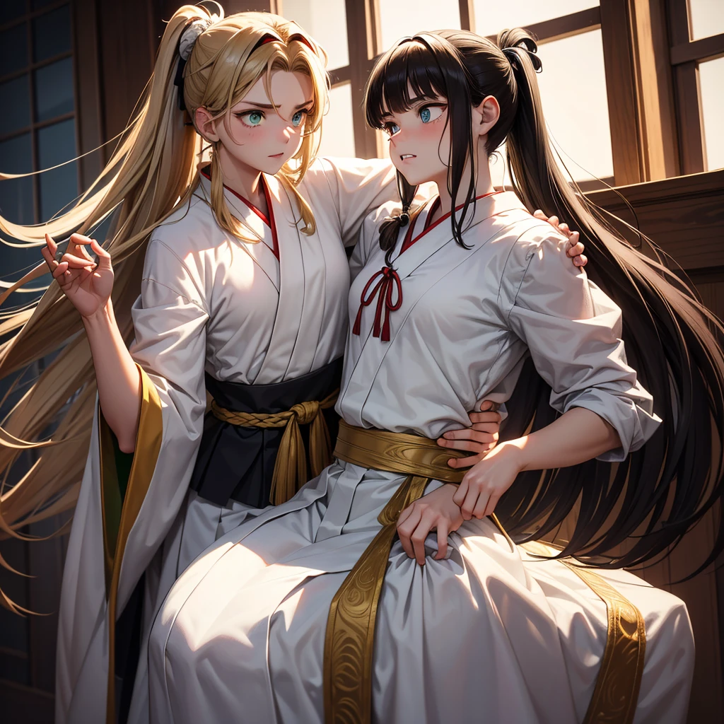 Ultra quality, masterpiece, anime, 2d, animation, Japanese style art, colorful japanese manga, 2 girls, medium blonde hair and lilac eyes, medium brown hair and brown eyes, casual clothes, skirt, t-shirt, dress, french kiss, kiss on the mouth, tongue kiss, intimate, ????, salivas, standing, flushed faces, closed eyes, night, dark lighting, stars, moon, bench, trees,  green, grass, park  