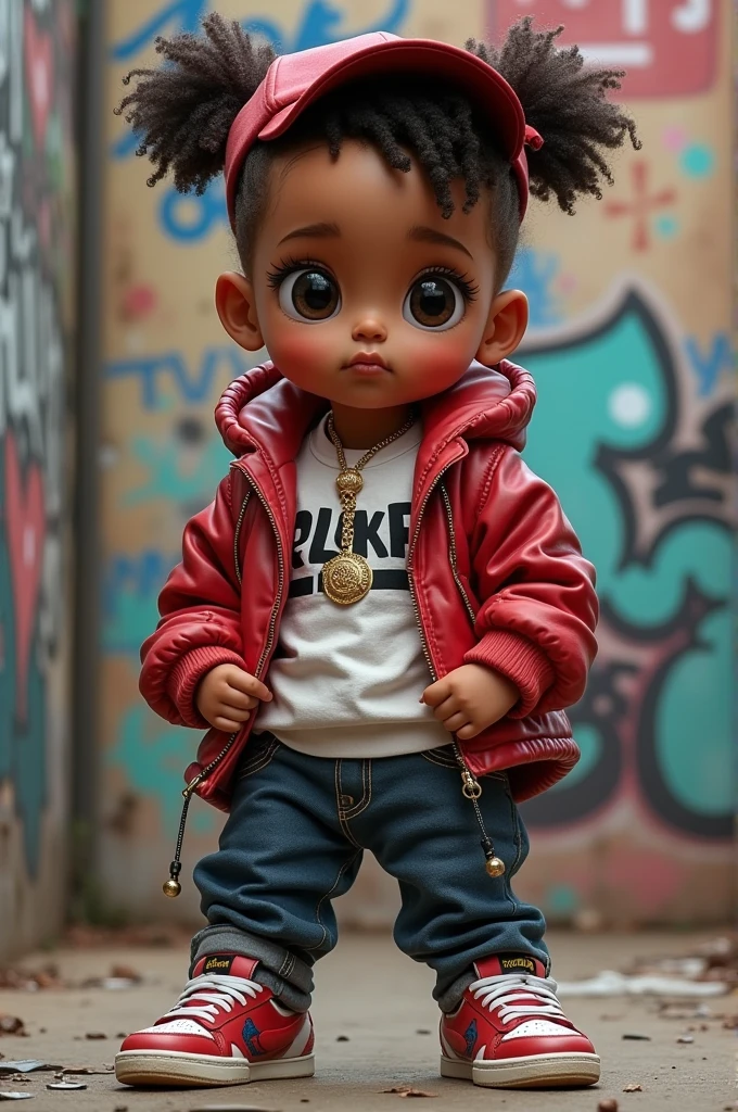 Brown boy with curly hair, with a black sweatshirt black pants shiny sneakers with a diamond necklace and a beautiful diamond crown with her face blurred