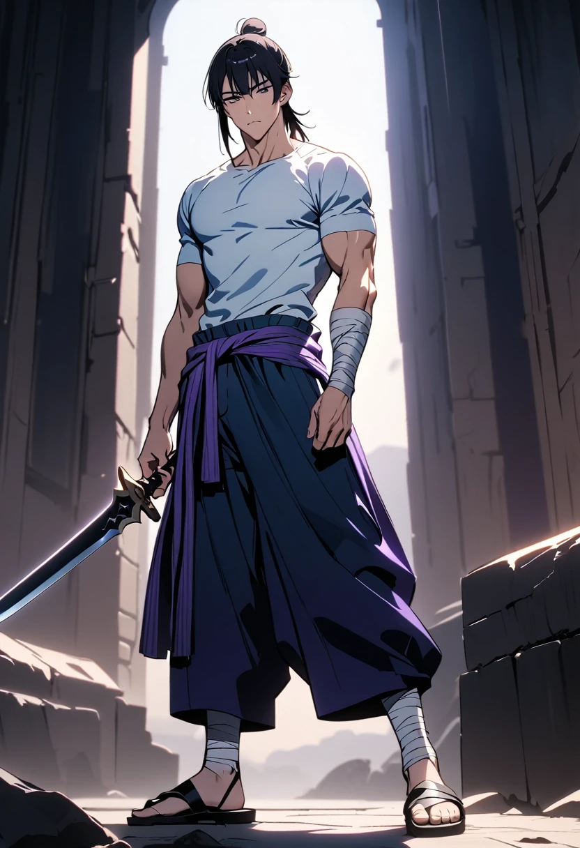 masterpiece, best quality, perfect lighting, high resolution, 1 guy, swordsman, tall stature, muscular but lean build, black hair, manbun and mullet, spiky dual bangs, black eyes, soulless eyes, calm and relaxed demeanor, straight face, handsome, white gi shirt, long cloth wrapped around waist with a color a mix of blue and purple, thick light-purple rope wrapped around waist, slightly baggy navy-blue pants, (black bandages wrapped over each ankle), black sandals, minimal black sword on waist, full body, three-quarter view, beautiful background