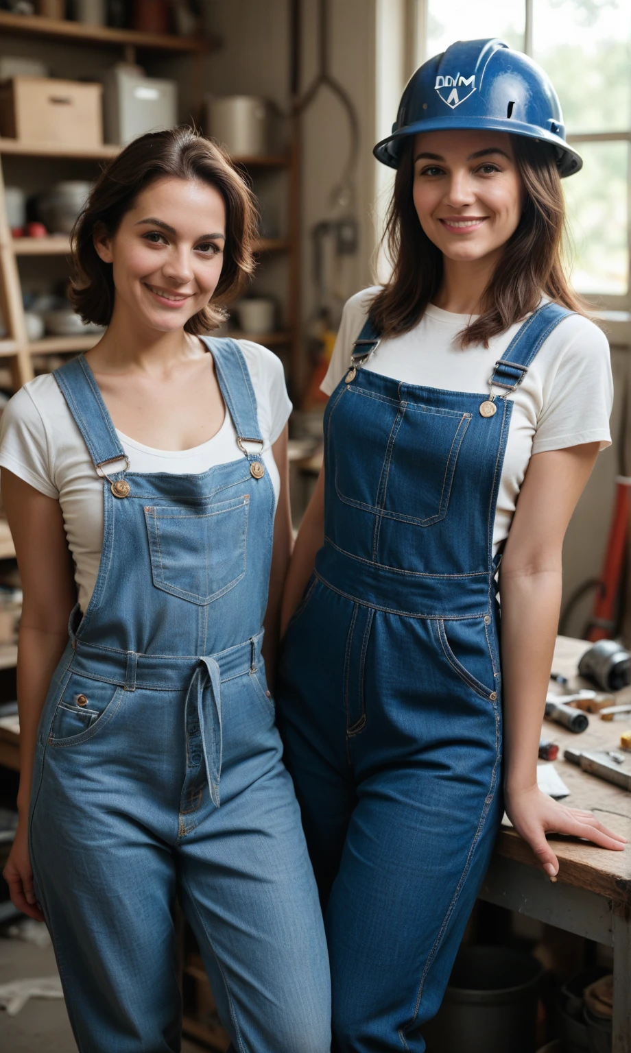 score_9, score_8_up, score_7_up, score_6_up, photo, realism, photorealistic, mature women, brunette, overalls, helmet, posing in the workshop, smirk, looking at the viewer, depth of field, dim light