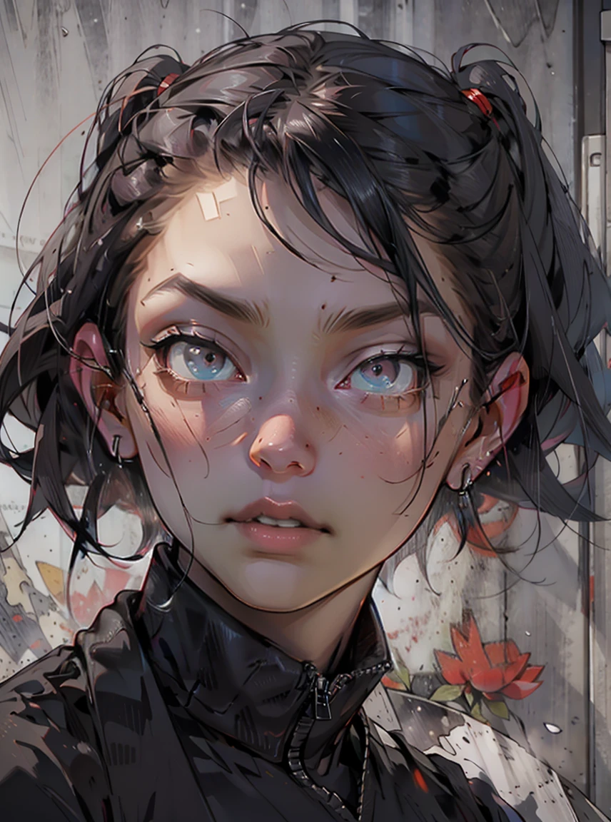 Girl, black, white, View opinion, Red death flowers, detailed eyes, detailed face and body, depressed, He is afraid, sad, Very very detailed, No mistakes, High accuracy, dark clothes, aesthetic, japanese hair, pigtails hair