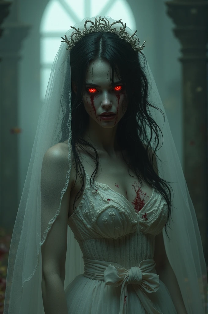 a scary woman dressed as a scary ghost, horror bride, looking at the viewer, dirty torn dress, dirty dirty wedding dress, pale white face, ghostly appearance, black lips, eyes smudged mascara from crying, from the legend of the woman who cries at night dark ambient horror movie 8k