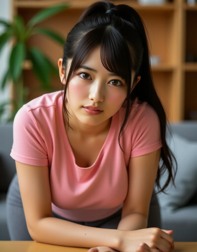 realistic portrait of bbw asian girl,solo,ponytail hair,glossy skin,makeup,(pink blush),dark pink lips BREAK pink t-shirts,grey leggings,living room,desk in front of her,(bent over:1.1),(put hands on table:1.1),looking at viewer,smile,rule of thirds,(moles:1.2),