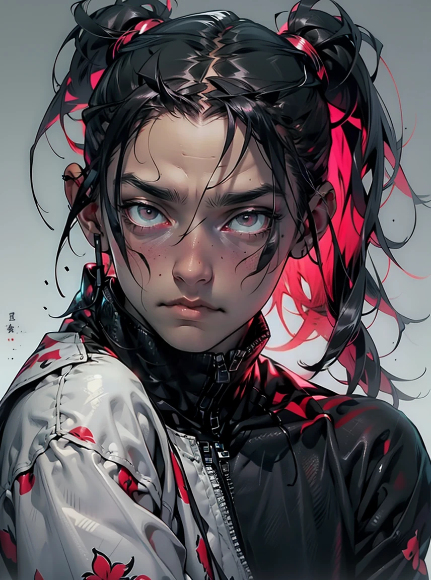 Girl, black, white, View opinion, Red death flowers, detailed eyes, detailed face and body, depressed, He is afraid, sad, Very very detailed, No mistakes, High accuracy, dark clothes, aesthetic, japanese hair, pigtails hair