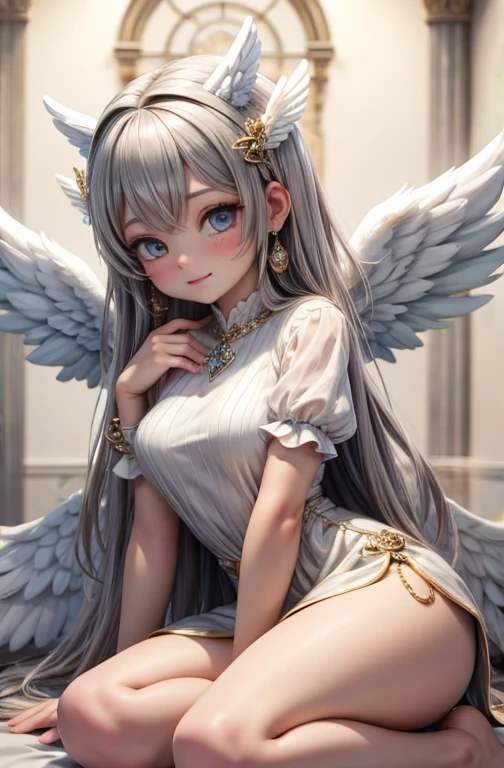 Best Quality, masutepiece, hight resolution, 8K,1girl in, (fullnude)、Beautiful little face、Beautiful face, Beautiful pale green eyes that sparkle、((Beautiful golden hair))、((Lace knee-high socks))、Hair Ornament, (Tongue out、mouth opened widely、red blush)、Blunt bangs、Braided bangs、(the angel's wings、in a bright church)、 (High detailed skin:1.2), High quality, Volumetric lighting, ((White liquid on the body))、1Man lying naked