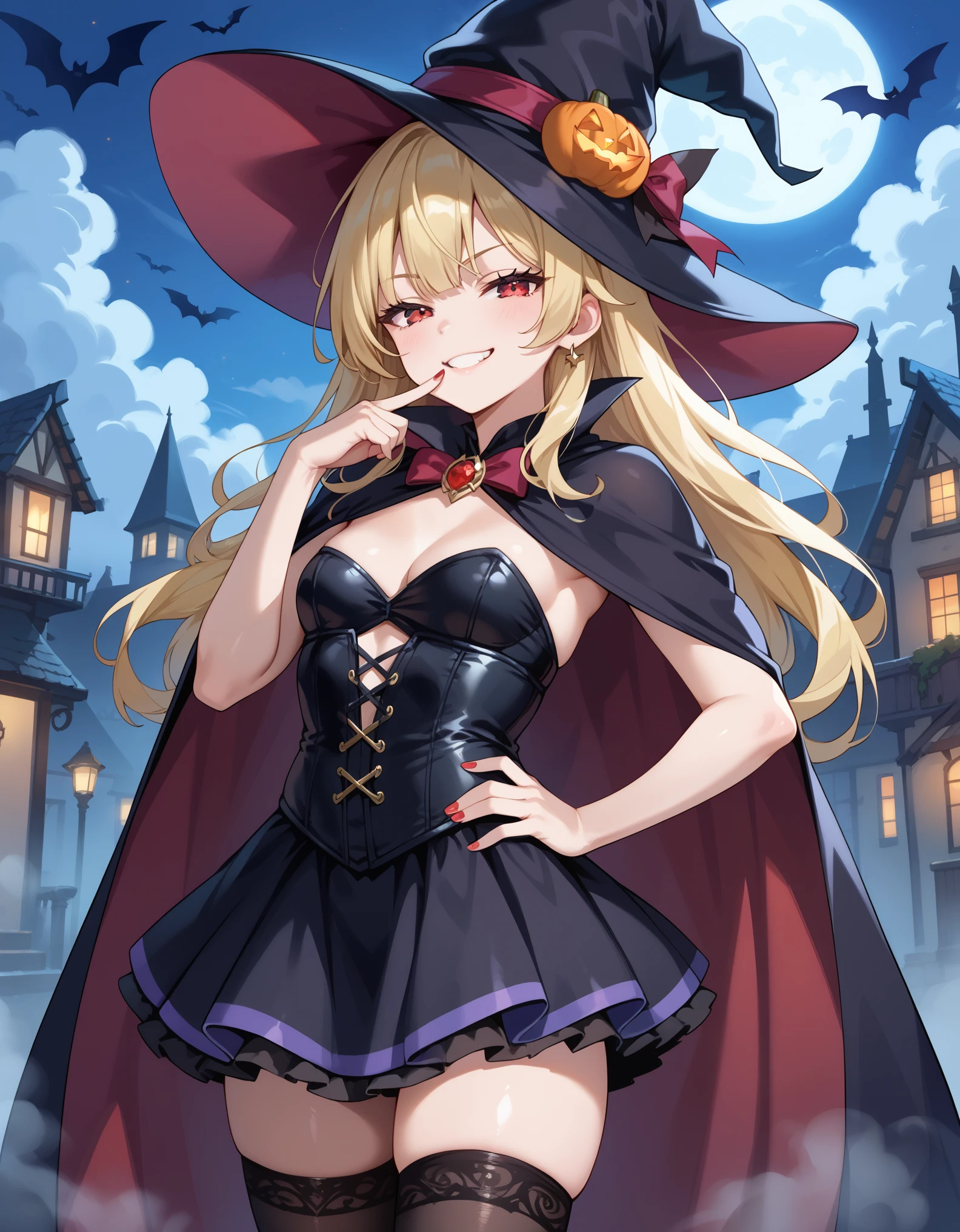 score_9, score_8_up, score_7_up, 1girl, blonde hair, long hair, bangs, messy hair, red eyes, half-closed eyes, smug, smirk, smile, small breasts, thighhighs, dramatic pose, hand on hips, finger to mouth, witch costume, cape, witch hat, corset, skirt, halloween, outside, fog on background,