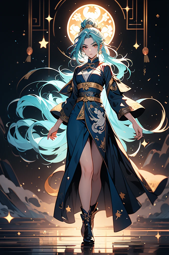baby blue hair. Ganyu's hair is styled into an odango bun wrapped around by a braid, dressed up by a golden hairpin with a floral design and a hanging red tassel.
Ganyu wears a high-neck leotard in dark nightshade and cerulean blue, with chest and back openings covered in dark sheer fabric. The two-piece bodice extends to crotch height in the front and knee-length in the back, emblisheed with gold accents, jacquard patterns, and star glitters. A large, ruffles bow in light blue is mounted at her lower back, akin to a tail coat. A Glaze Lily shaped knot is affixed on her left hip, where the Vision situated. A partially flattened golden bell is tightened around her neck by a black ribbon.
She also wears sheer opera gloves with layered cuffs, lace garters, and closed-toe sandals decorated with small bows. Qingxin-inspired ornaments are attached to her hairpins, dress, garters, and sandals.
Glowing Ornaments
While wearing Twilight Blossom, when Ganyu's Elemental Burst is ready, the teal gem that connected the hanging red tassel with her hairpin will glow along with her Vision. SPARKLE; GLITTER